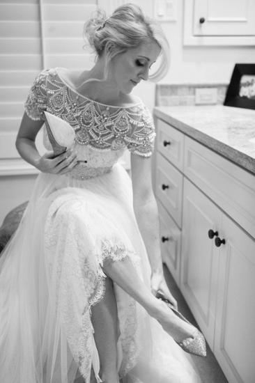 2022 Art Deco Style Wedding Dress Bateau Beads Lace Tulle Bridal Dresses with Crystal Belt_2