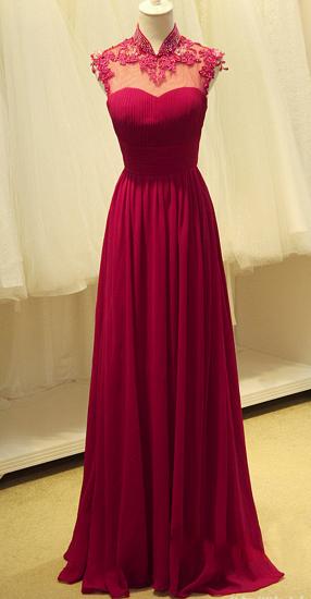 Elegant Ruby Chiffon High Neck Long Evening Dresses Sheer Top Beading Appliques Mother Dresses
