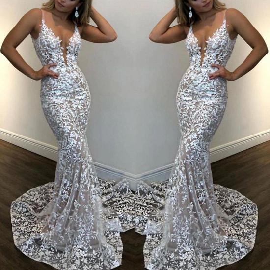 Sexy Mermaid White Lace V Neck Sleeveless Prom Dresses | Party Gowns_2