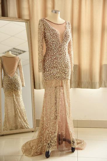 Illusion neck Champange Pearls Long High split Prom Dress_4
