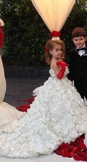 Cute White Spaghetti Strap Ball Gown Flower Girl Dresses Sweep Train Girls Pageant Dresses with Flowers Design