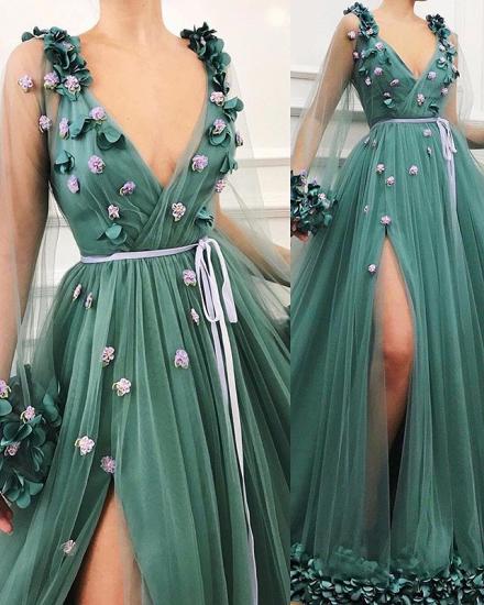 Gorgeous Green Long-Sleeves Tulle Side-Slit A-Line Prom Dress_3