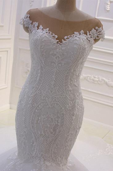 Off-the-Shoulder Sweetheart White Lace Appliques Tulle Mermaid Wedding Dress_3