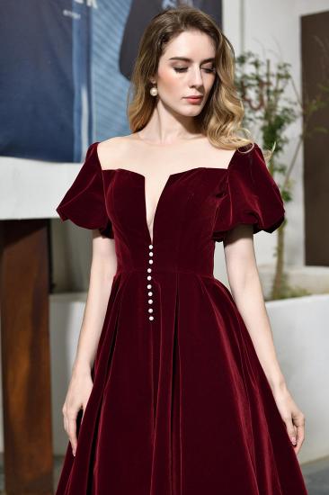 Arick | Unique Burgundy Bubble Sleeve V-neck Velvet Short Prom Dress_4