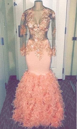 Beads Lace Appliques Cheap Prom Dresses 2022 | Long Sleeve Mermaid Coral Pink Evening Gowns Cheap