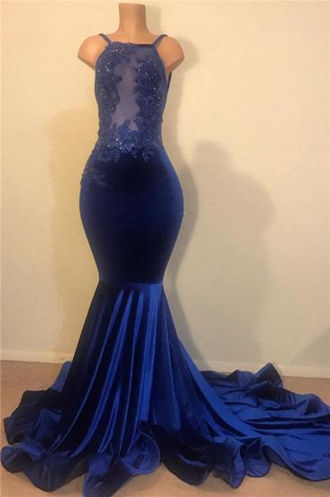 Royal Blue Velvet Prom Dresses Cheap with Beads Appliques | Mermaid Backless Straps Sexy Evening Gowns 2022
