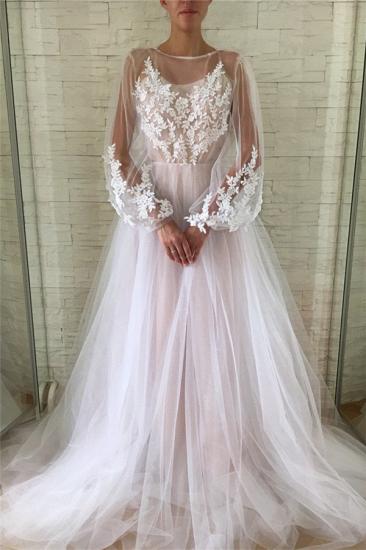 Chic See Through Tulle Lace Appliques Evening Gowns | Stylish Bubble Sleeves Long Prom Dresses_1