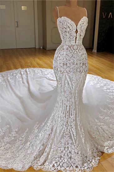 Spaghetti Straps Mermaid Lace Wedding Dresses with Cathedral Train