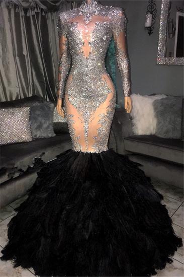 Elegant Sliver Seuqins High Neck Long Sleeves Fur Mermaid Prom Dresses