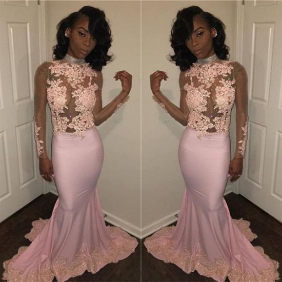 Sexy Mermaid Pink High Neck Prom Dresses Long Sleeves Appliques Evening Gowns with Beadings_4