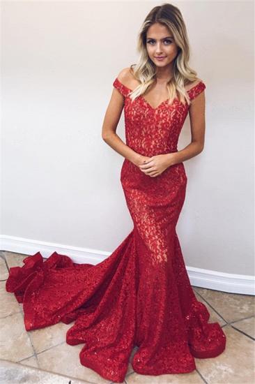 Red Off the Shoulder Lace Evening Dresses | 2022 Sexy Mermaid Court Train Prom Dresses Cheap_1