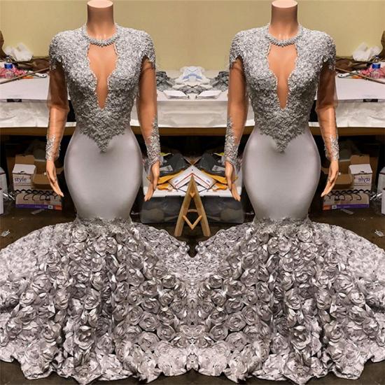 Silber Mermaid Flowers Günstige Ballkleider 2022 | Sexy Lace Appliques Real Prom Dress auf Schaufensterpuppen_3