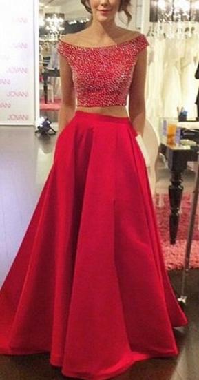2022 Red Two Piece Off Shoulder Prom Dress Back Hole Bateau A-line Evening Dresses with Pocket_2