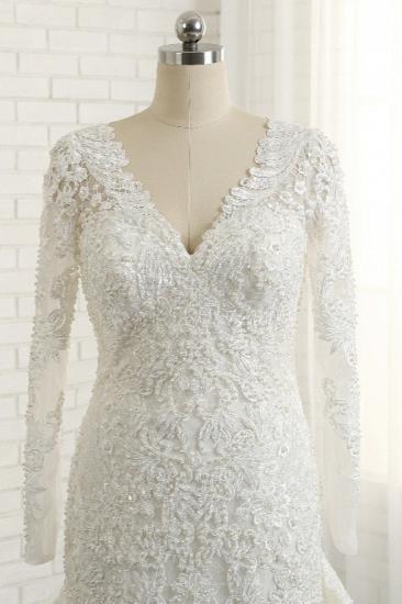 TsClothzone Unique Mermaid Longsleeves V-neck Wedding Dresses White Lace Bridal Gowns With Appliques On Sale_5