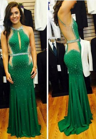 Crystal Green Mermaid Beading Evening Dress Halter Open Back Sweep Train Crystal Dresses for Women_1