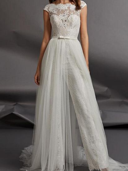 Country Jumpsuits Wedding Dress Jewel Detachable Lace Tulle Cap Sleeve Plus Size Bridal Gowns