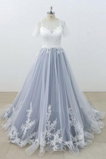TsClothzone AffordableBlue Gray Tulle Ivory Lace Wedding Dress Short Sleeve Beach Bridal Gowns On Sale_2