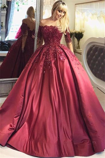 2022 Burgundy Ball Appliques Crystal Off-the-Shoulder Long-Sleeves Prom Dresses