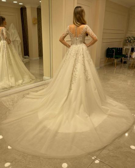 Designer Lace V-Neck Long Sleeve Wedding Dress | Wedding Dresses A Line Long Sleeves_2