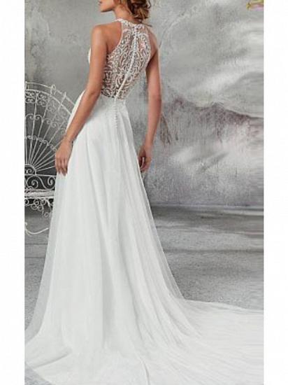 Affordable A-Line Wedding Dress High Neck Chiffon Tulle Regular Straps Bridal Gowns Court Train_2