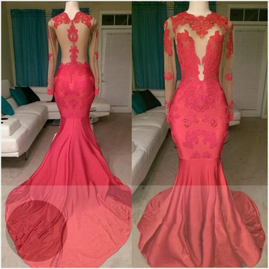 2022 Elegant Red Long Sleeves Prom Dresses | Cheap Sheer Tulle Appliques Evening Dresses_3
