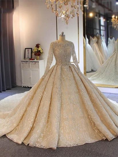 Luxury Appliques Crystal Long Sleeve Wedding Dresses | Beads Court Train Ball Gown Bridal Gowns