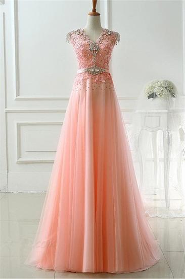 Pink V-Neck Crystal Lace Evening Dresses Sweep Train Zipper Charming 2022 Prom Dresses_2
