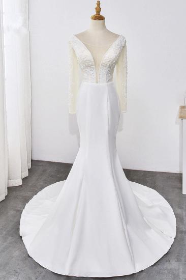 TsClothzone Simple Satin Mermaid Jewel Wedding Dress Tulle Lace Long Sleeves Bridal Gowns On Sale
