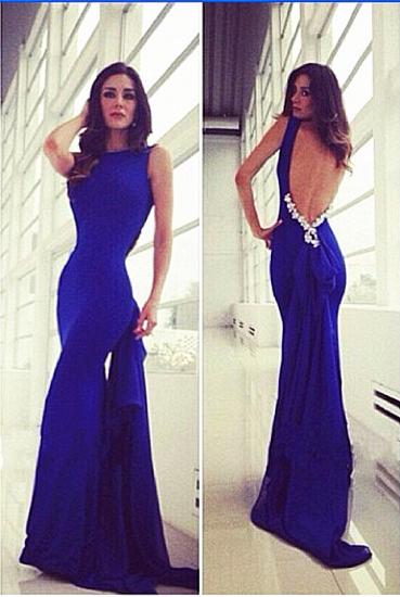 Royal Blue Stretch Stain 2022 Open Back Evening Dresses with Crystals Sexy Long Party Dresses for Prom