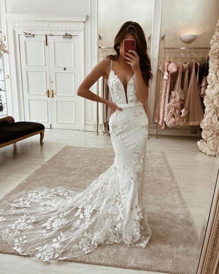 Sexy Spaghetti Strap  Flowers Lace Appliques Wedding Dresses_2