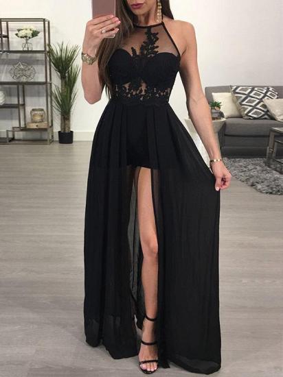 2022 A-Line Black Prom Dresses Halter Appliques Floor Length Evening Gowns_2