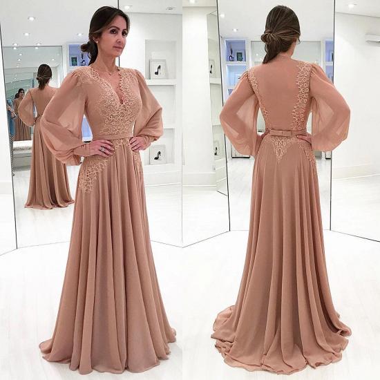 Elegant V-neck Long Sleeve Prom Dresses Onine | Chiffon Lace Bow Sexy Evening Gown_2