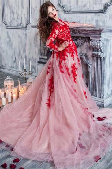 Abendkleider aus roter Spitze mit langen Ärmeln 2022 Atemberaubendes formelles Abendkleid aus rosa Tüll_1