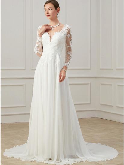 Formelles Etui-Hochzeitskleid mit V-Ausschnitt, Spitze, Tüll, langen Ärmeln, Brautkleider in Übergröße mit Sweep-Zug_5