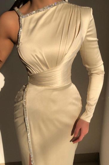 One shoulder long sleeves ivopry column high split prom dress_4