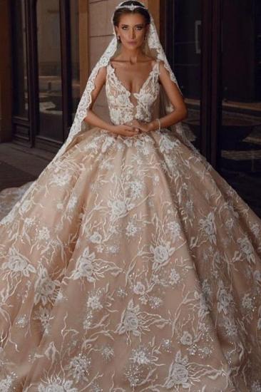 Glamorous V-Neck Sleeves Floral Pattern Ball Gown  Champagne Aline Wedding Gowns_1