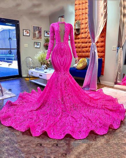 Long sleeves Fuchsia Mermaid sparkle long prom dress