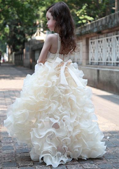 Süßes Organza-Prinzessin-Mädchenkleid mit V-Ausschnitt, Bowknot, Hi-Lo, ärmellose Blumenmädchenkleider_3