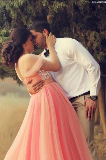 Cute Pink Crystal Short Sleeve Prom Dress New ArrivaL Tulle Long Evening Dress for Women_2