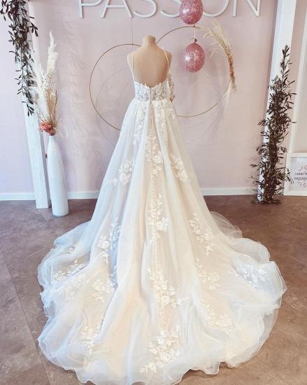 Elegant Spaghetti Strap White Floral Erin Wedding Dress Sleeveless Lace Bridal Dress_4