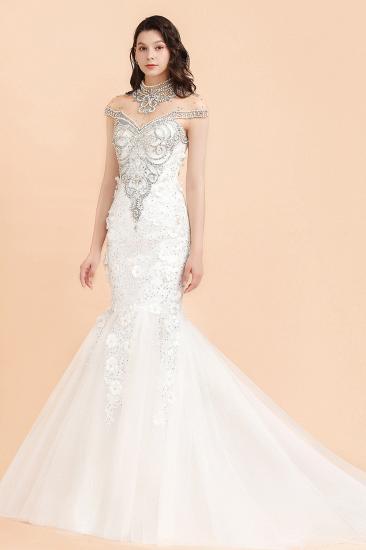 Sparkle High neck Mermaid Silver Beaded White Wedding Dress_4