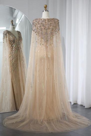 Luxury V-Neck Crystals Sequins Mermaid Evening Dresses with Cape Sleeves Dubai Long Party Gown for Wedding_2