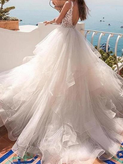 Sexy Ball Gown Wedding Dresses V-Neck Lace Tulle Sleeveless Bridal Gowns Country See-Through Sweep Train_2