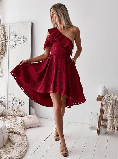 Elegant One Shoulder Lace Short Homecoming Dresses | 2022 Hi-Lo Cheap Hoco Dress_1