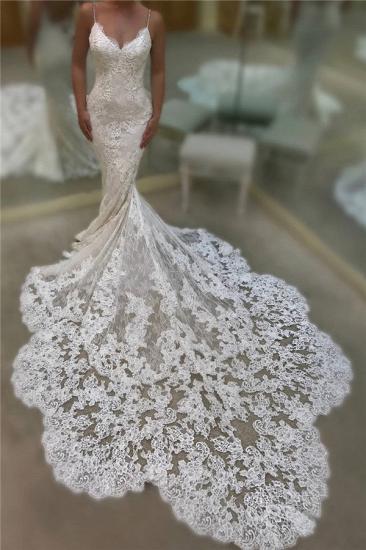 Sexy Meerjungfrau-Spitze-Hochzeitskleider mit offenem Rücken | Spaghettiträger 2022 Brautkleider mit Kapellenschleppe_3