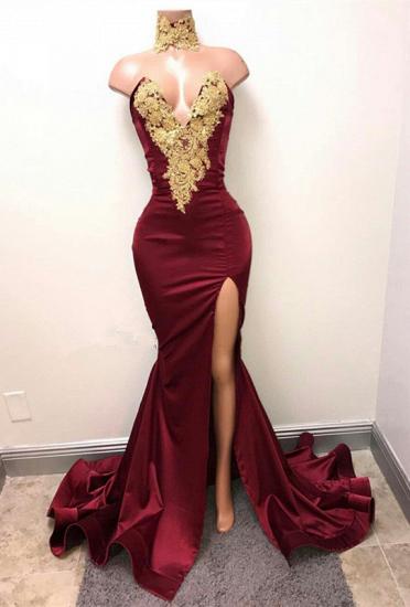 Lace Appliques Mermaid Burgundy Evening Gown 2022 Front Split High Neck Sexy Prom Dress_1