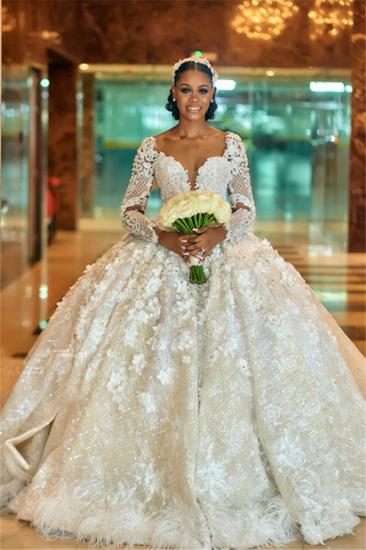 Gorgeous Beading Appliques Ball Gown Wedding Dress | Long Sleeve Floral Feather Bridal Gown_1