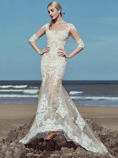 Wunderschönes Meerjungfrau-Hochzeitskleid mit U-Ausschnitt aus Spitze und Tüll mit halben Ärmeln und Sweep-Zug_2