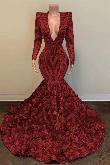 Burgundy long sleeves deep v-neck sequin prom dress_1