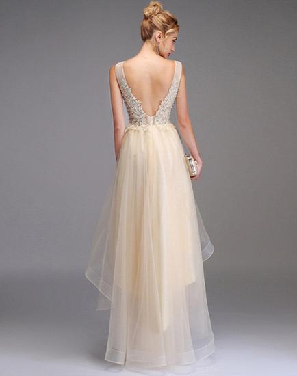 High-low Prom Dress A-line Sleeveless Double V-neck Princess Party Gown Lace Tulle Backless Dress_2